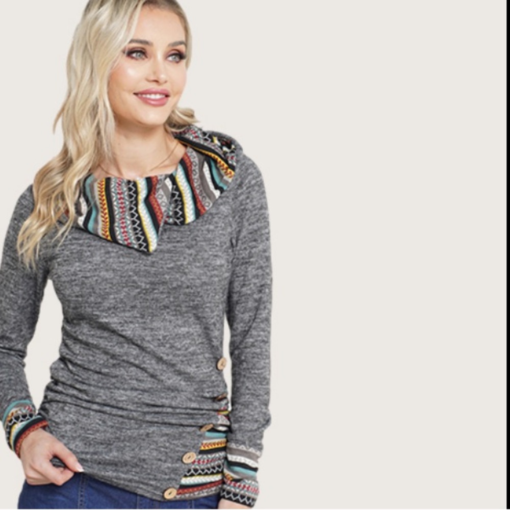 Women’s Cowl Neck Aztec Pattern Sweater With Wood Buttons